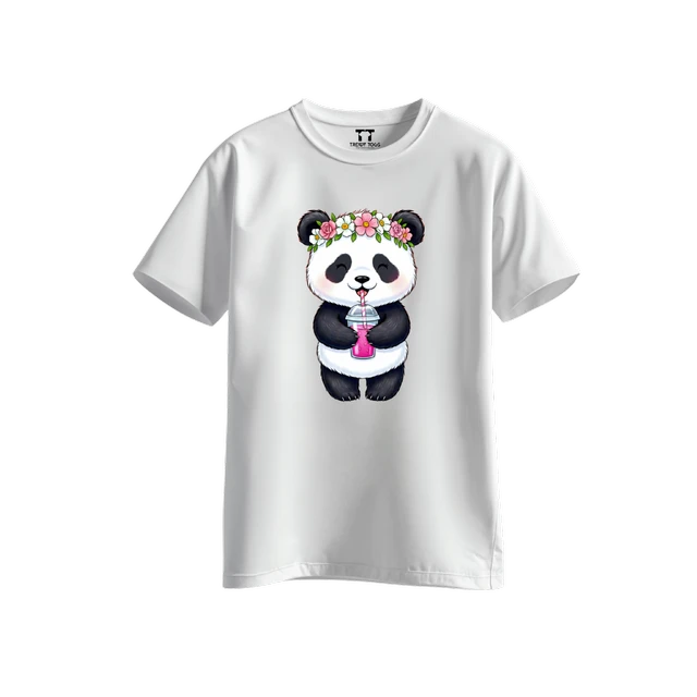 Trendy Togs Cute Floral Panda Bubble Drink Cotton T-shirt For Girls - L, White