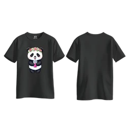 Trendy Togs Cute Floral Panda Bubble Drink Cotton T-shirt For Girls - M, Black