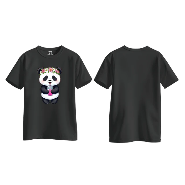 Trendy Togs Cute Floral Panda Bubble Drink Cotton T-shirt For Girls - M, Black