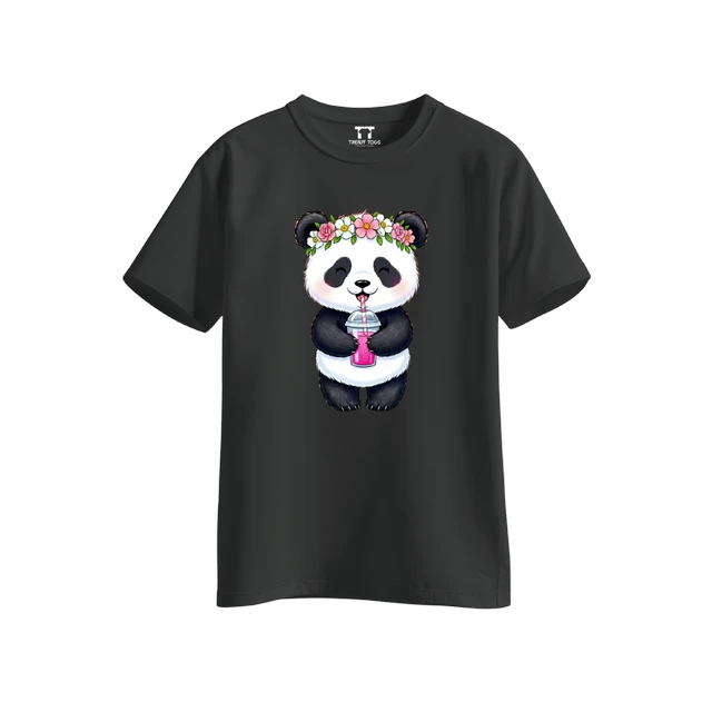 Trendy Togs Cute Floral Panda Bubble Drink Cotton T-shirt For Girls - M, Black