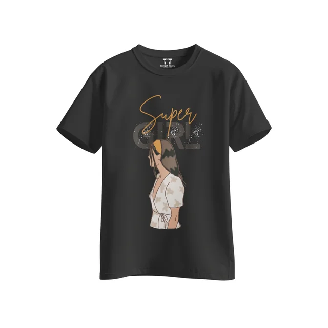Trendy Togs Super Girl Cotton T-shirt For Girls - S, Black