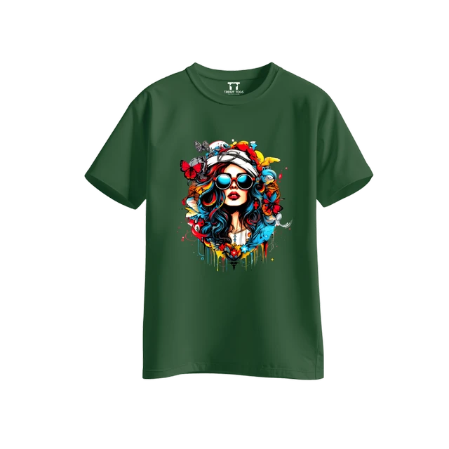 Trendy Togs Stylish Sunglasses Girl Printed Cotton T-shirt For Girls - L, Forest Green