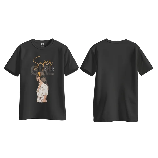 Trendy Togs Super Girl Cotton T-shirt For Girls - S, Black