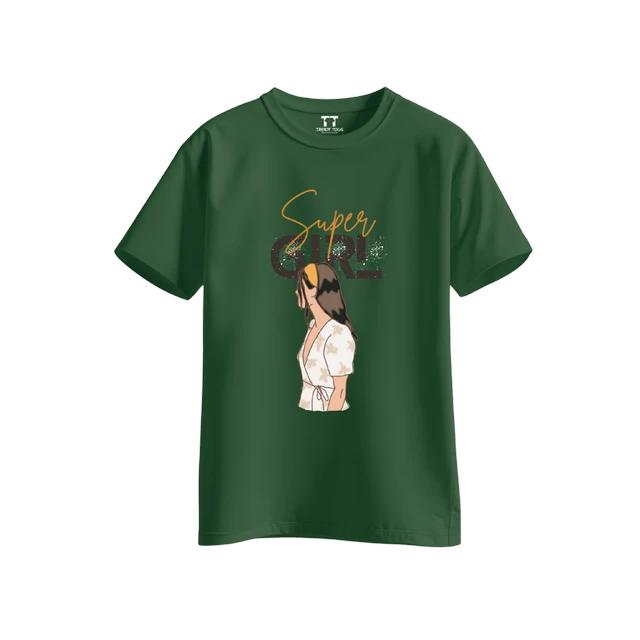 Trendy Togs Super Girl Cotton T-shirt For Girls - XL, Forest Green