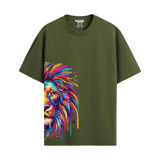 Trendy Togs Colourful Half Lion Cotton Oversized T-shirt - L, Forest Green