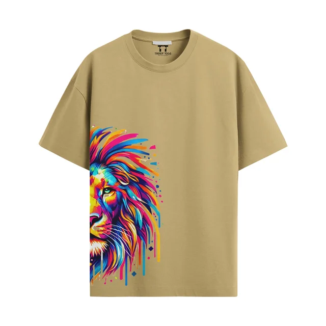 Trendy Togs Colourful Half Lion Cotton Oversized T-shirt - L, Beige