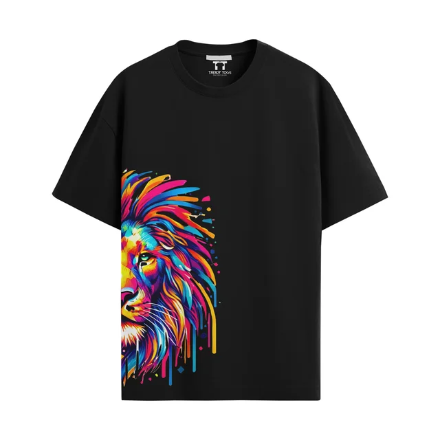Trendy Togs Colourful Half Lion Cotton Oversized T-shirt - L, Black