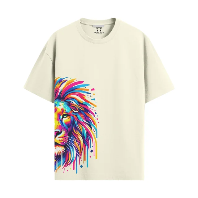 Trendy Togs Colourful Half Lion Cotton Oversized T-shirt - L, OFF White