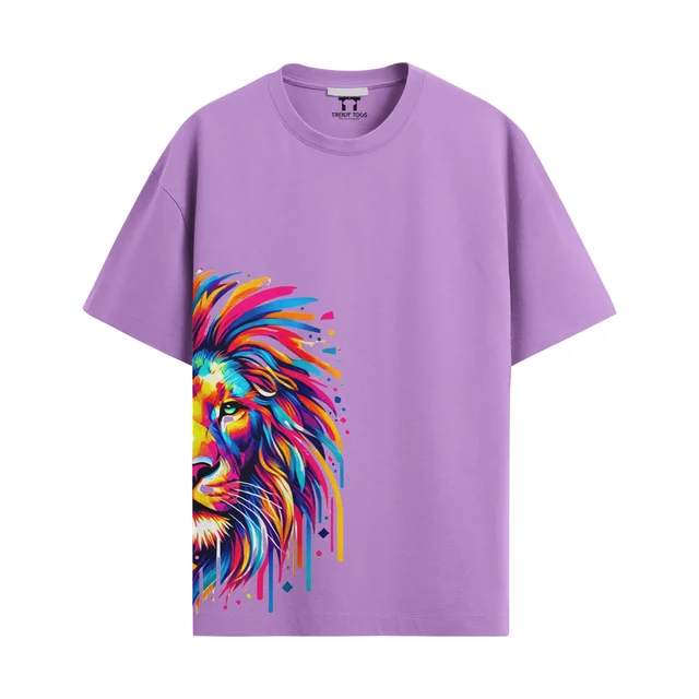 Trendy Togs Colourful Half Lion Cotton Oversized T-shirt - XL, Purple