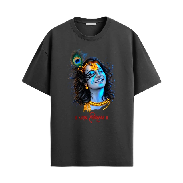 Trendy Togs Lord Krishna Cotton Oversized T-shirt - S, Black