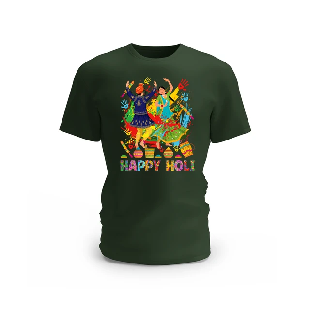 Trendy Togs Rang Utsav Happy Holi Cotton T-shirt - M, Forest Green
