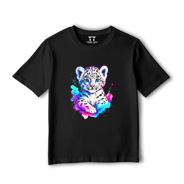 Trendy Togs Single White Tiger Cub Kid's Cotton T-shirt - 22, Black