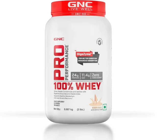 GNC Pro Performance 100% Whey Protein | Muscle Growth | Muscle Recovery | DigeZyme® For Easy Digestion | Informed Choice Certified | 24g Protein | 5.5g BCAA - 25 Servings, Mawa Kulfi, 2 lbs