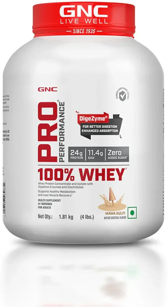 GNC Pro Performance 100% Whey Protein | Muscle Growth | Muscle Recovery | DigeZyme® For Easy Digestion | Informed Choice Certified | 24g Protein | 5.5g BCAA - 51 Servings, Mawa Kulfi, 4 lbs