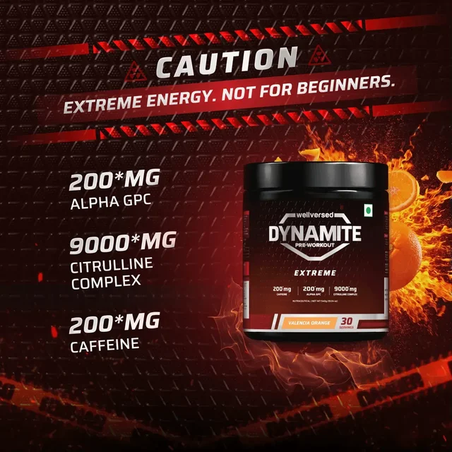 Dynamite Extreme Pre Workout For Men | High-Stim Pre-Workout | 9000mg Citrulline Complex | 200mg Alpha GPC | 200mg Caffeine | Not For Beginners | Pre Workout - 30 Serving, Valencia Orange, 540gm