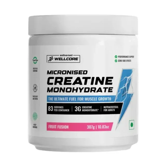 Wellcore Pure Micronised Creatine Powder For Enhanced Muscle Strength With Rapid Absorption | Creatine Monohydrate | Wellcore Creatine Flavoured - 83 Servings, Fruit Fusion, 307gm