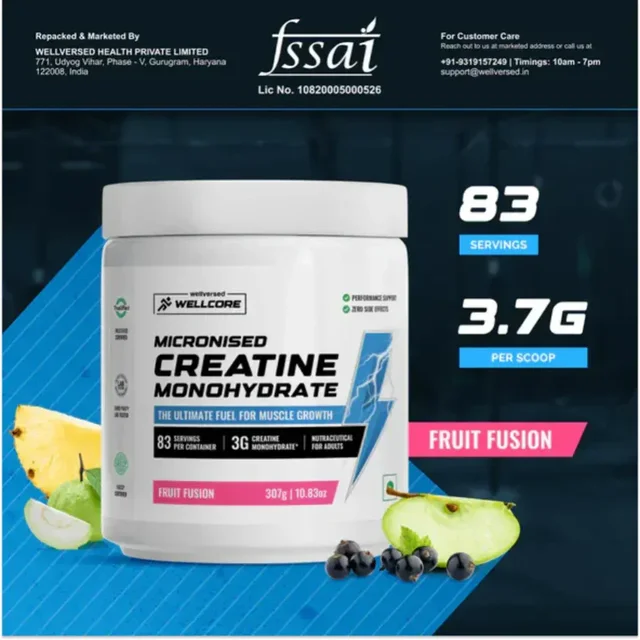 Wellcore Pure Micronised Creatine Powder For Enhanced Muscle Strength With Rapid Absorption | Creatine Monohydrate | Wellcore Creatine Flavoured - 83 Servings, Fruit Fusion, 307gm