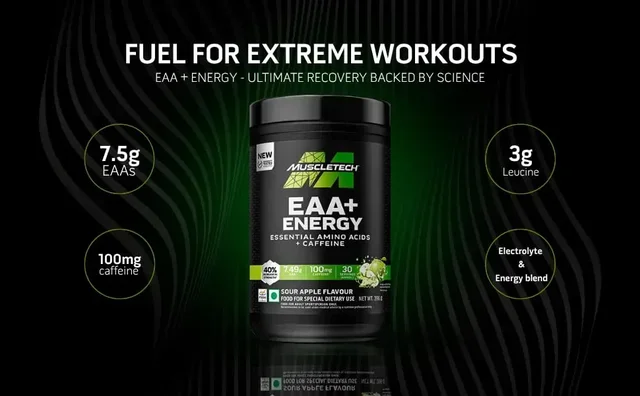 MuscleTech Eaa + Energy | Essential Amino Acids + 100Mg Caffeine | Replenish Electrolytes | Ultimate Recovery 7.4 grams Eaa | 4.5 grams Bcaa | 3 grams Leucine | 30 Servings | Sour Apple, Powder - Sour Apple, 396gm