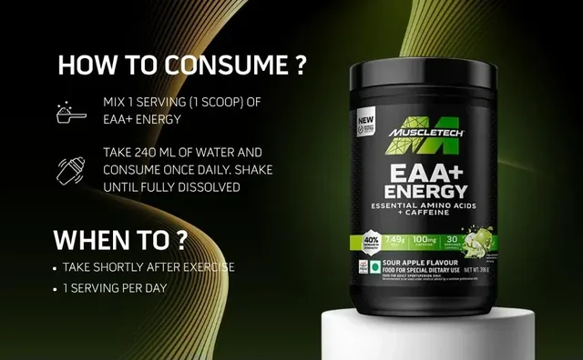 MuscleTech Eaa + Energy | Essential Amino Acids + 100Mg Caffeine | Replenish Electrolytes | Ultimate Recovery 7.4 grams Eaa | 4.5 grams Bcaa | 3 grams Leucine | 30 Servings | Sour Apple, Powder - Sour Apple, 396gm