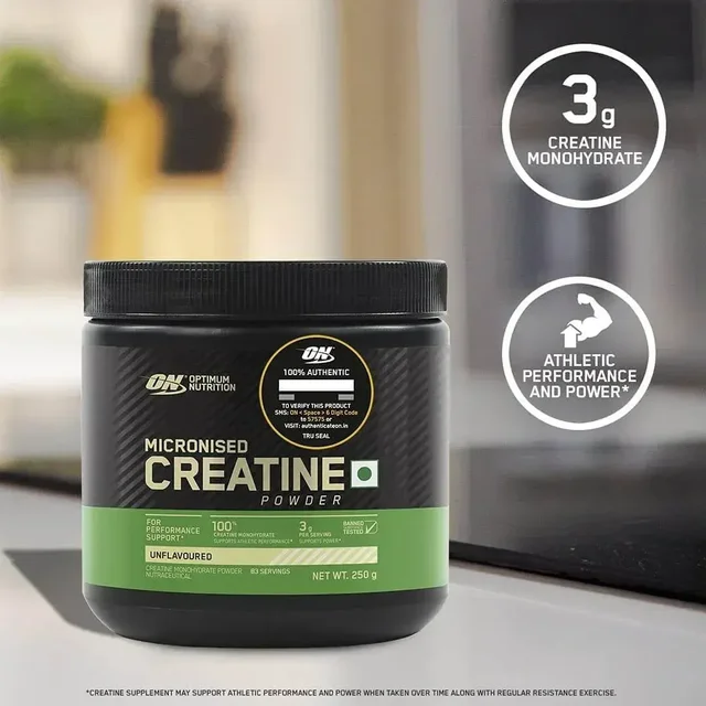 Optimum Nutrition (ON) Micronized Creatine Powder, 3g of 100% Creatine Monohydrate per serve, Supports Athletic Performance & Power, - 83 Servings, Unflavoured, 250gm