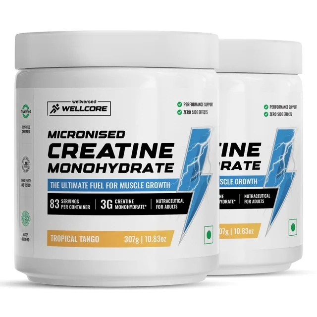 Wellcore Pure Micronised Creatine Powder For Enhanced Muscle Strength With Rapid Absorption | Creatine Monohydrate | Wellcore Creatine Flavoured - 83 Servings, Tropica Tango, 307gm