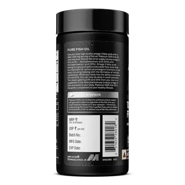 MuscleTech Platinum Fish Oil For Men And Women, 1000Mg Omega 3 With 180 Mg Epa & 120 Mg Dha For Heart, Joints & Brain Health, 100 Softgels, 1 count, 100 servings - 100 Servings, Unflavoured