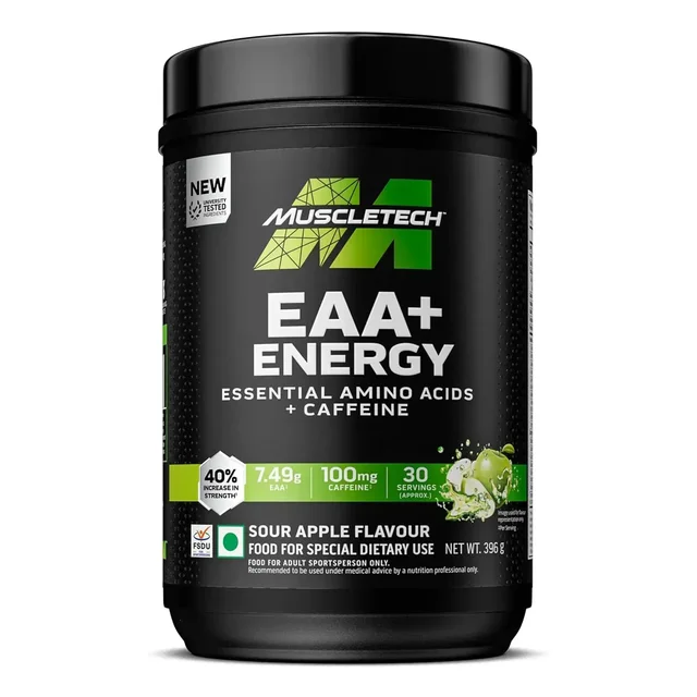 MuscleTech Eaa + Energy | Essential Amino Acids + 100Mg Caffeine | Replenish Electrolytes | Ultimate Recovery 7.4 grams Eaa | 4.5 grams Bcaa | 3 grams Leucine | 30 Servings | Sour Apple, Powder - Sour Apple, 396gm