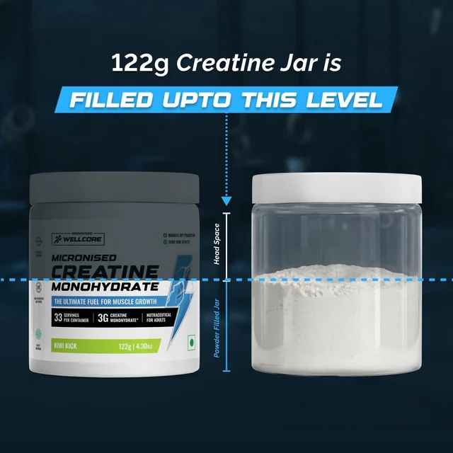 Wellcore Pure Micronised Creatine Powder For Enhanced Muscle Strength With Rapid Absorption | Creatine Monohydrate | Wellcore Creatine Flavoured - 33 Servings, Kiwi Kick, 122gm