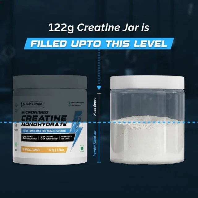 Wellcore Pure Micronised Creatine Powder For Enhanced Muscle Strength With Rapid Absorption | Creatine Monohydrate | Wellcore Creatine Flavoured - 33 Servings, Tropical Tango, 122gm