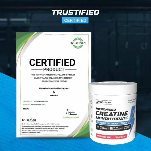Wellcore Pure Micronised Creatine Powder For Enhanced Muscle Strength With Rapid Absorption | Creatine Monohydrate | Wellcore Creatine Flavoured - 83 Servings, Watermelon Wave, 307gm