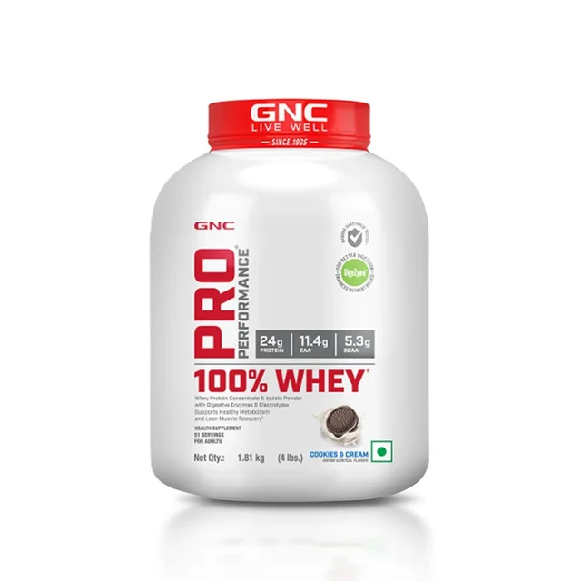 GNC Pro Performance 100% Whey Protein | Muscle Growth | Muscle Recovery | DigeZyme® For Easy Digestion | Informed Choice Certified | 24g Protein | 5.5g BCAA - 51 Servings, Cookies & Cream, 4 Lbs