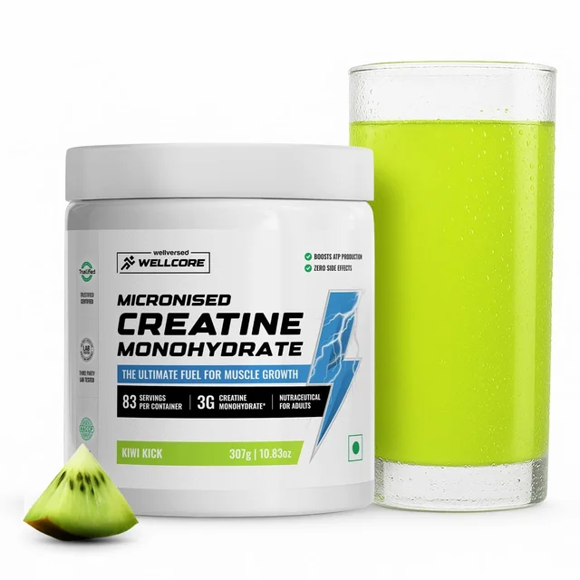 Wellcore Pure Micronised Creatine Powder For Enhanced Muscle Strength With Rapid Absorption | Creatine Monohydrate | Wellcore Creatine Flavoured - 83 Servings, Kiwi Kick, 307gm
