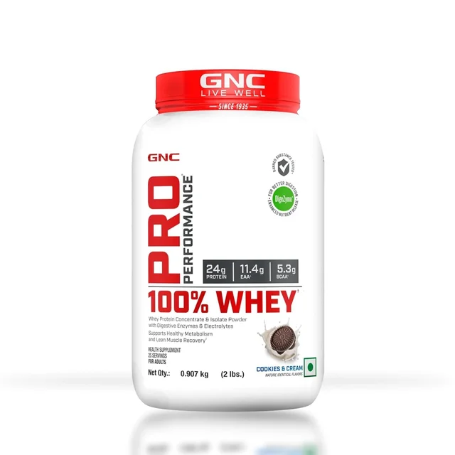 GNC Pro Performance 100% Whey Protein | Muscle Growth | Muscle Recovery | DigeZyme® For Easy Digestion | Informed Choice Certified | 24g Protein | 5.5g BCAA - 25 Servings, Cookies & Cream, 2 lbs