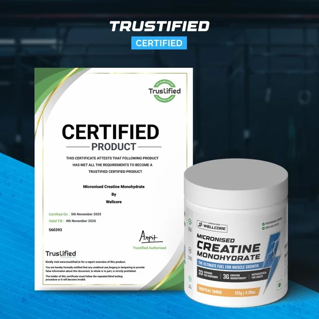 Wellcore Pure Micronised Creatine Powder For Enhanced Muscle Strength With Rapid Absorption | Creatine Monohydrate | Wellcore Creatine Flavoured - 33 Servings, Tropical Tango, 122gm