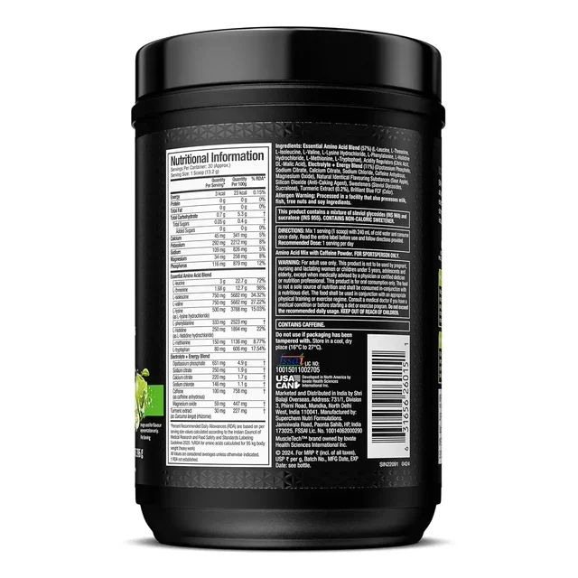 MuscleTech Eaa + Energy | Essential Amino Acids + 100Mg Caffeine | Replenish Electrolytes | Ultimate Recovery 7.4 grams Eaa | 4.5 grams Bcaa | 3 grams Leucine | 30 Servings | Sour Apple, Powder - Sour Apple, 396gm