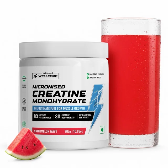 Wellcore Pure Micronised Creatine Powder For Enhanced Muscle Strength With Rapid Absorption | Creatine Monohydrate | Wellcore Creatine Flavoured - 83 Servings, Watermelon Wave, 307gm