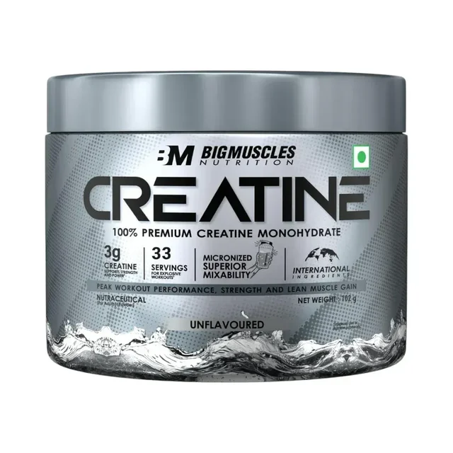 Bigmuscles Nutrition Creatine Powder | Micronized Creatine Monohydrate to Support Lean Muscle Repair & Recovery | Increase Strength and Athletic Performance - 33 Servings, Unflavoured, 100gm
