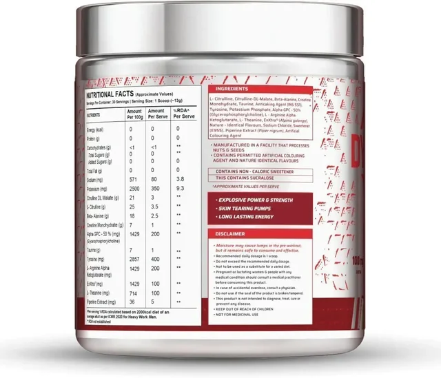 Dynamite Caffeine Free Pre Workout For Men | Stim Free | No Caffeine | 200mg Alpha GPC | 650mg Citrulline Complex | Ideal For Beginners | Pre Workout - 30 Servings, Green Apple, 390g