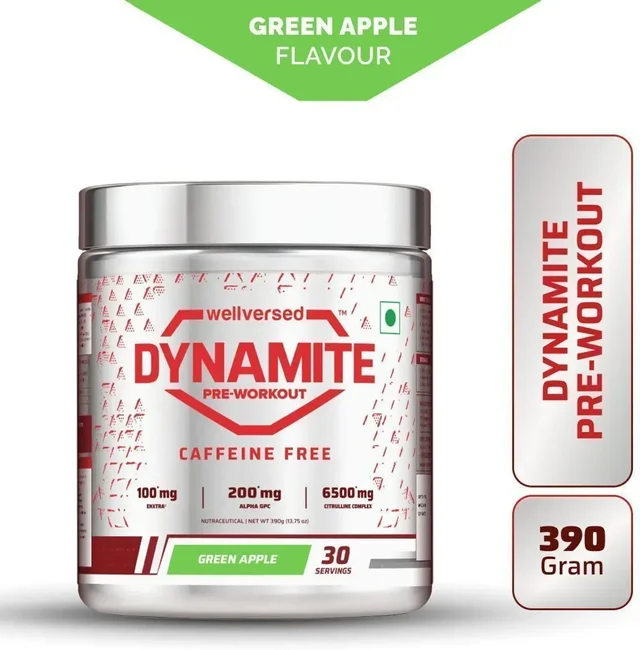 Dynamite Caffeine Free Pre Workout For Men | Stim Free | No Caffeine | 200mg Alpha GPC | 650mg Citrulline Complex | Ideal For Beginners | Pre Workout - 30 Servings, Green Apple, 390g