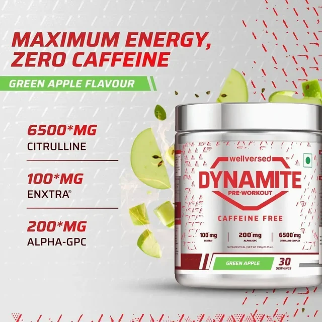 Dynamite Caffeine Free Pre Workout For Men | Stim Free | No Caffeine | 200mg Alpha GPC | 650mg Citrulline Complex | Ideal For Beginners | Pre Workout - 30 Servings, Green Apple, 390g