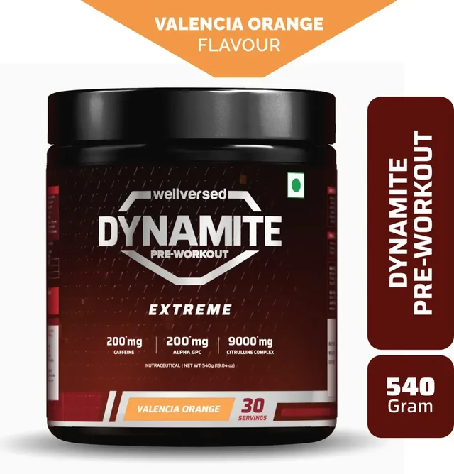 Dynamite Extreme Pre Workout For Men | High-Stim Pre-Workout | 9000mg Citrulline Complex | 200mg Alpha GPC | 200mg Caffeine | Not For Beginners | Pre Workout - 30 Serving, Valencia Orange, 540gm