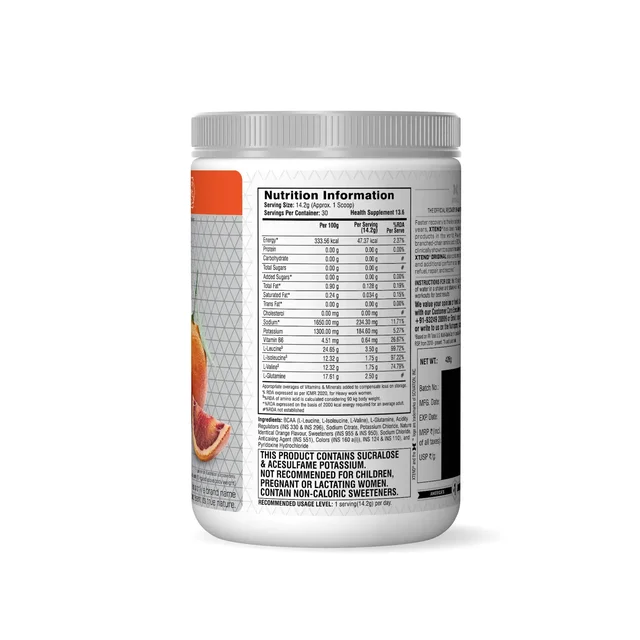 Xtend Scivation Bcaas Powder For Adults (Pre-Workout, 7G Bcaas, 0G Carbs,Sugar & Calories, 3.5 Leucine, 2.5G L-Glutamine, 1G Citrulline Malate) - 30 Servings - Italian Blood Orange, 402gm