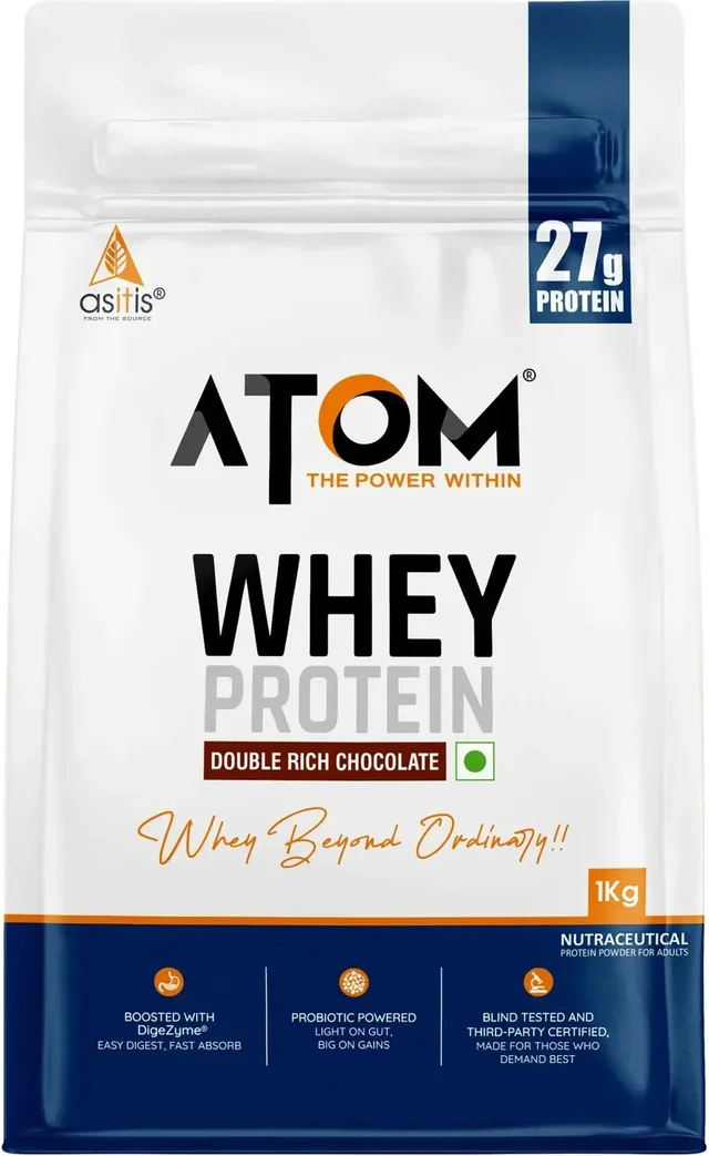 AS-IT-IS Nutrition ATOM Whey Protein | 27g protein | Isolate & Concentrate | USA Labdoor Certified | With Digestive Enzymes for better absorption - 28 Servings, Double Rich Chocolate, 1 Kg