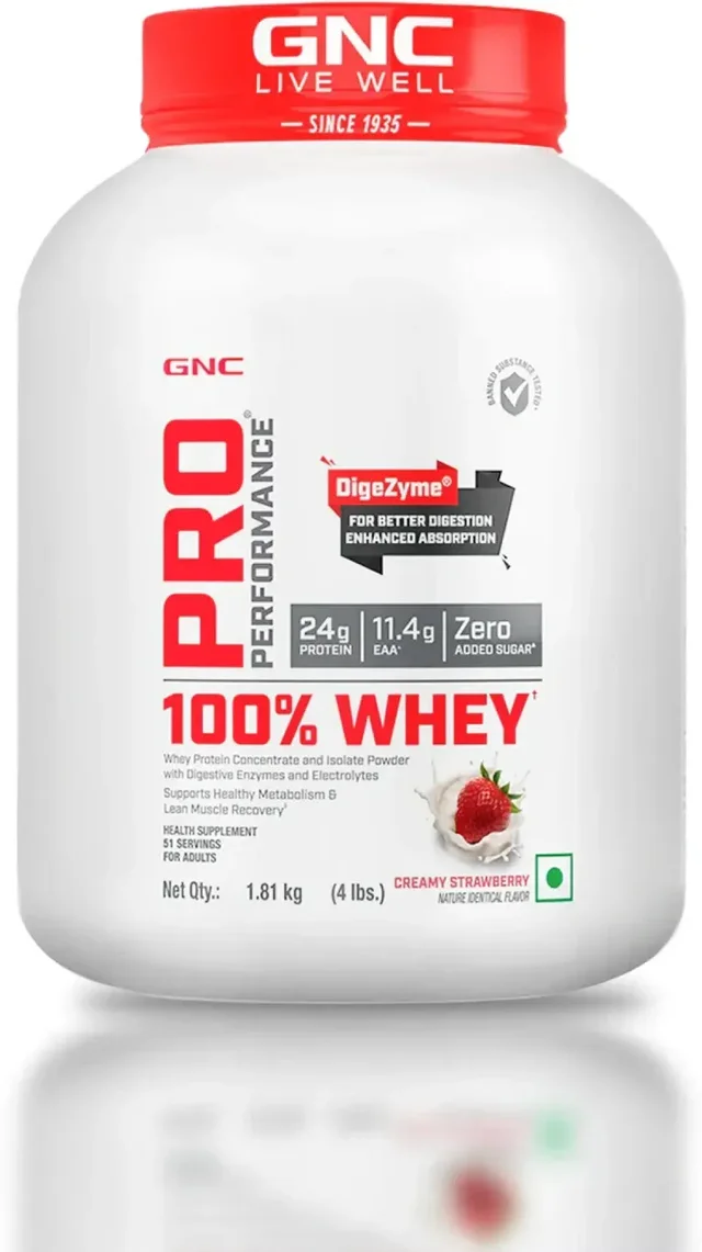 GNC Pro Performance 100% Whey Protein | Muscle Growth | Muscle Recovery | DigeZyme® For Easy Digestion | Informed Choice Certified | 24g Protein | 5.5g BCAA - 51 Servings, Creamy Strawberry, 4 lbs