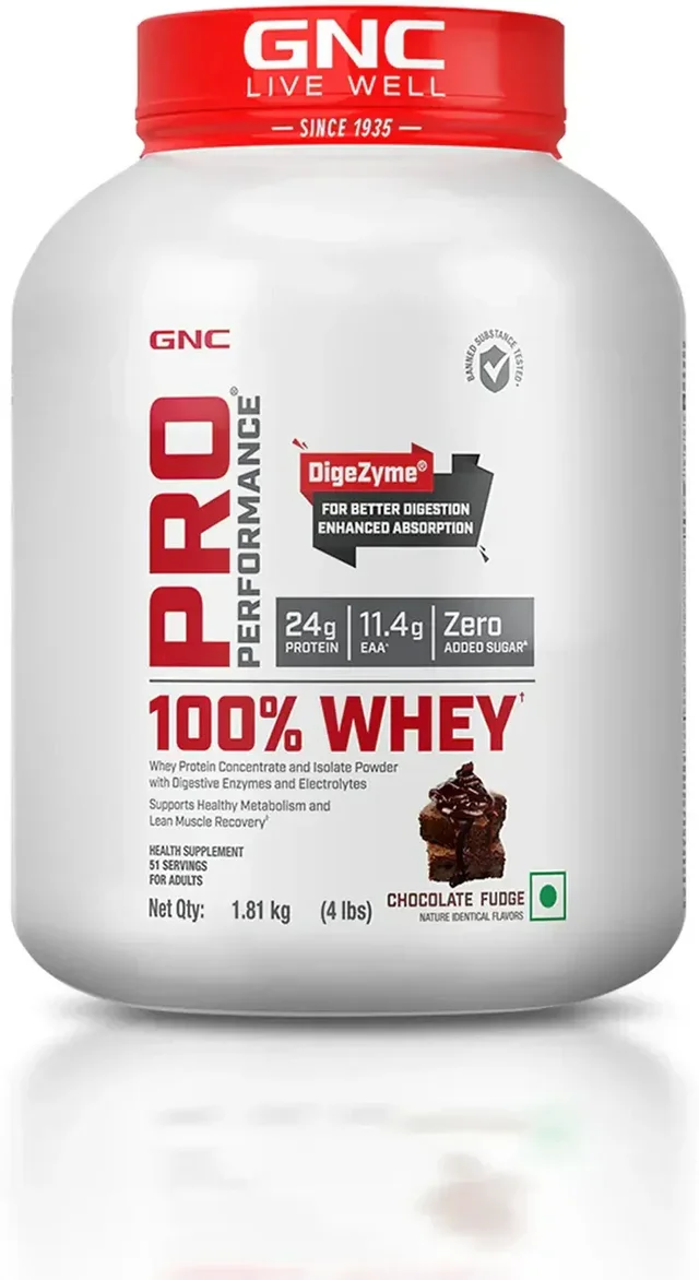 GNC Pro Performance 100% Whey Protein | Muscle Growth | Muscle Recovery | DigeZyme® For Easy Digestion | Informed Choice Certified | 24g Protein | 5.5g BCAA - 51 Servings, Chocolate Fudge, 4 lbs