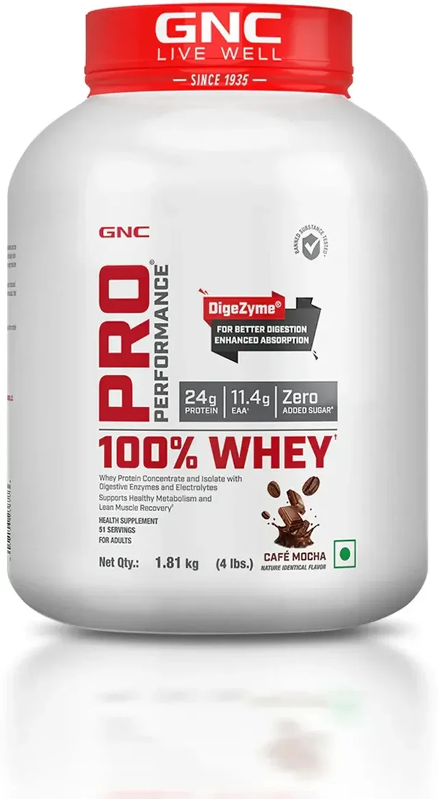 GNC Pro Performance 100% Whey Protein | Muscle Growth | Muscle Recovery | DigeZyme® For Easy Digestion | Informed Choice Certified | 24g Protein | 5.5g BCAA - 51 Servings, Cafe Mocha, 4 lbs