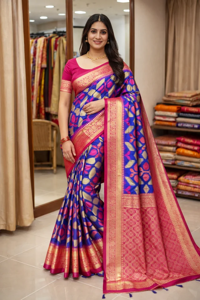 Royal Blue & Rani Pink Zari Weaving Banarasi Style Silk Saree - 5.5 meter, royal blue
