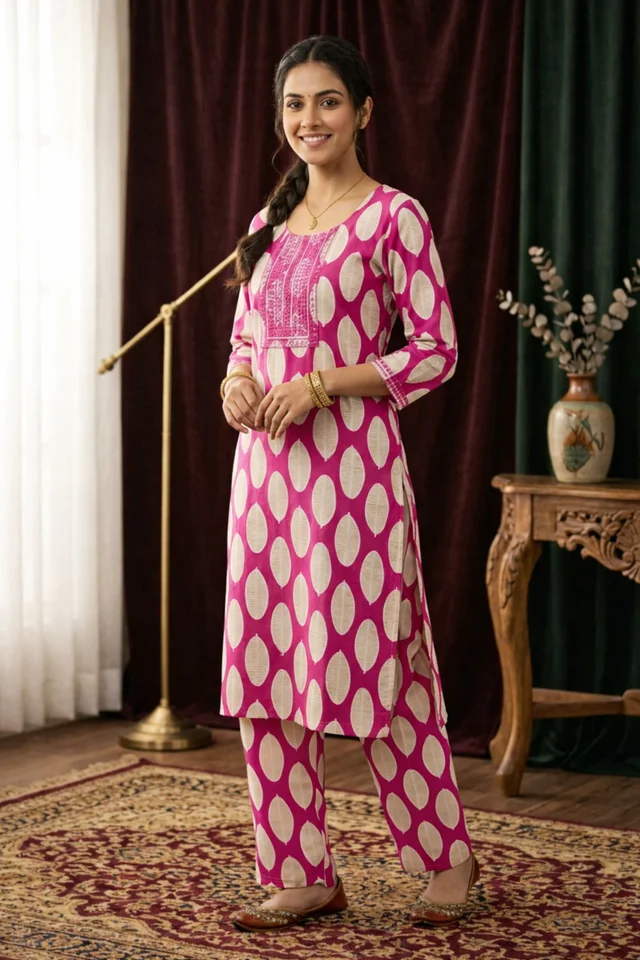 Pink Leaf Print Straight cotton Kurti with Pant Set for Women - XL, Violet Eggplant
