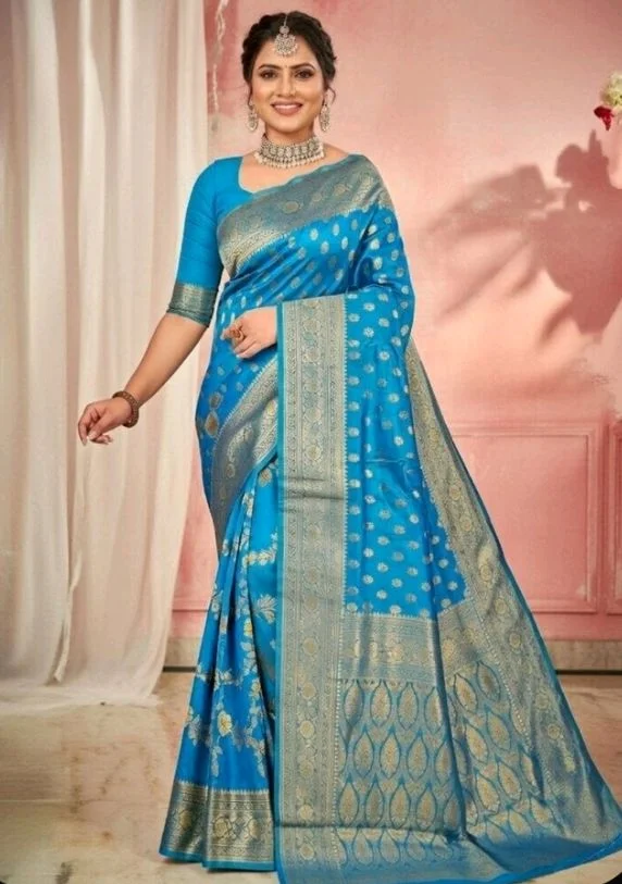 Kali Puja Slik Saree in Azure Radiance with Blouse Piece – Traditional Festive Saree for Women | Elegant Ethnic Wear - 5.5 miter, Azure Radiance