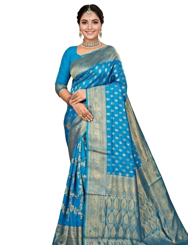 Kali Puja Slik Saree in Azure Radiance with Blouse Piece – Traditional Festive Saree for Women | Elegant Ethnic Wear - 5.5 miter, Azure Radiance